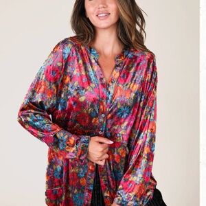 Laid Back Velvet Button Down - Drawn Garden Charcoal